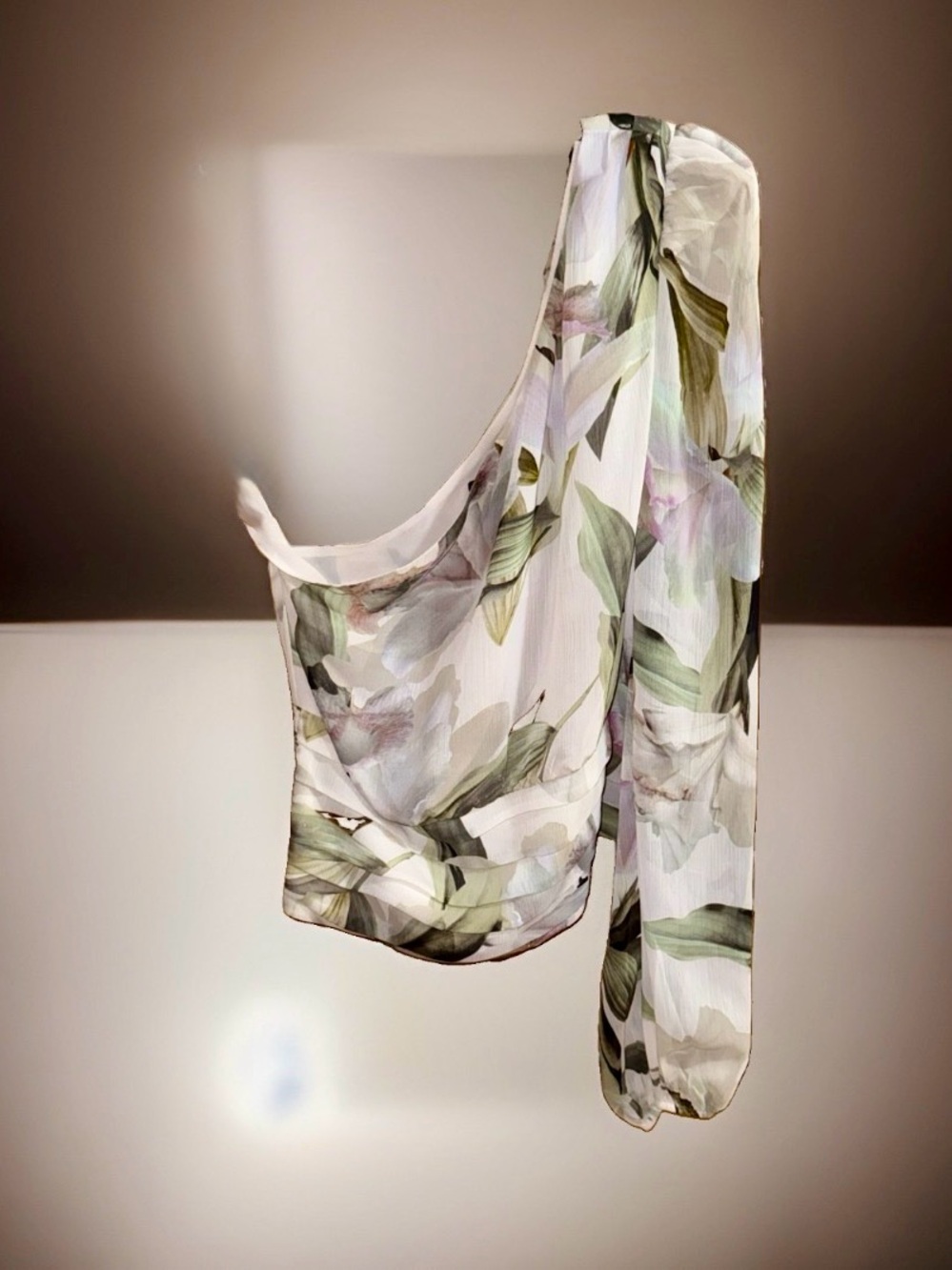 NWT Express One-Shoulder Floral Blouse in White with Green and Pink Accents-M